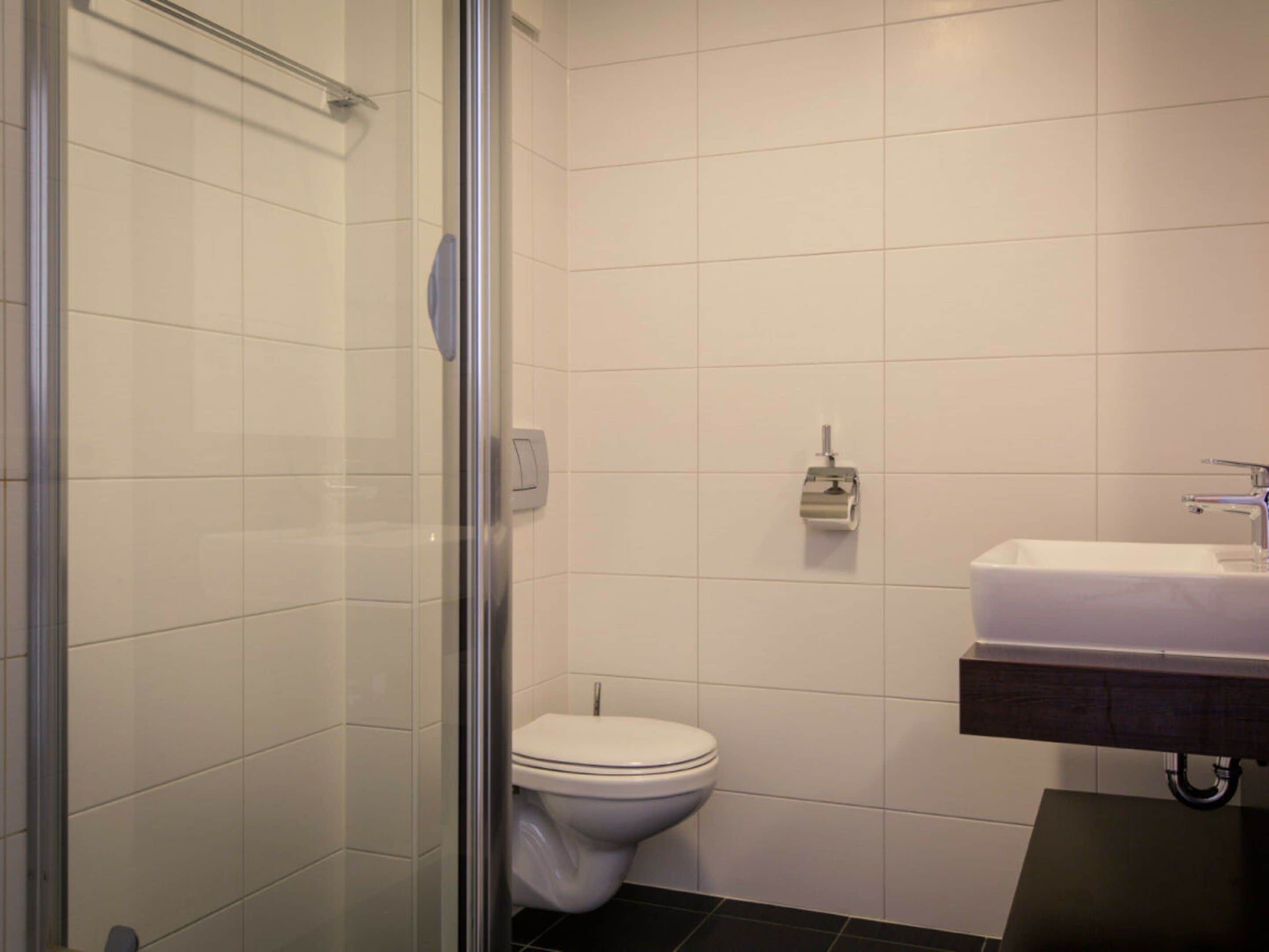 A bathroom with a glass shower enclosure, a white toilet, and a sink with a dark countertop.