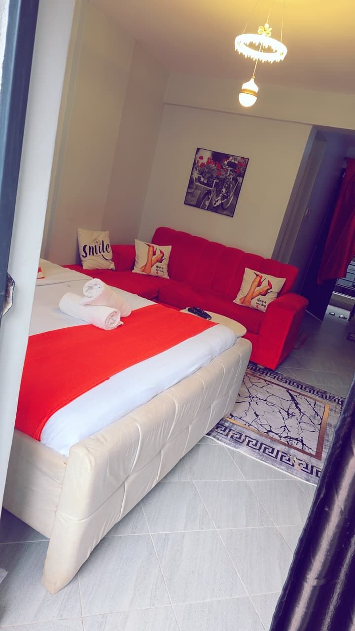 Una habitación de hotel con una cama, un sofá rojo y un cuadro en la pared.