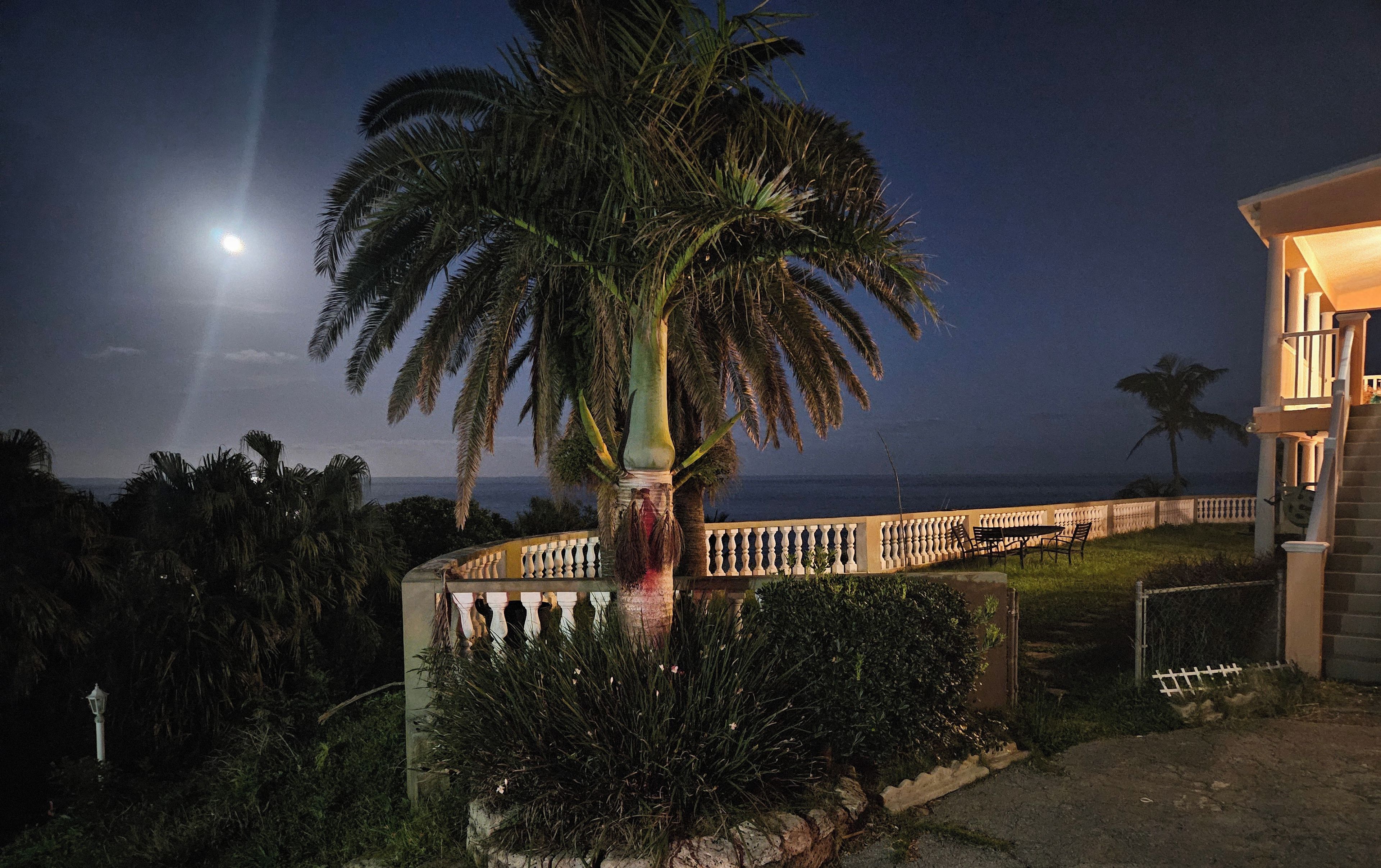 Cena noturna com uma palmeira, uma varanda com cadeiras e vista para o oceano.