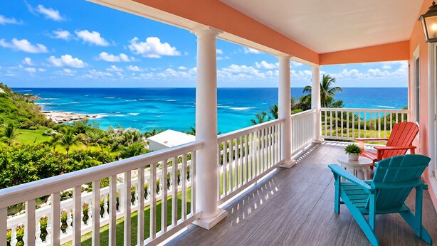 Un balcon avec vue sur l’océan, des balustrades blanches et deux chaises.