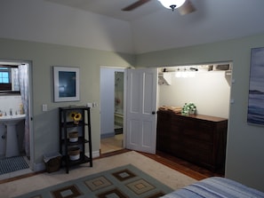A bedroom with a bed, a dresser, a vanity with a mirror, a shower, and a door leading to another room.