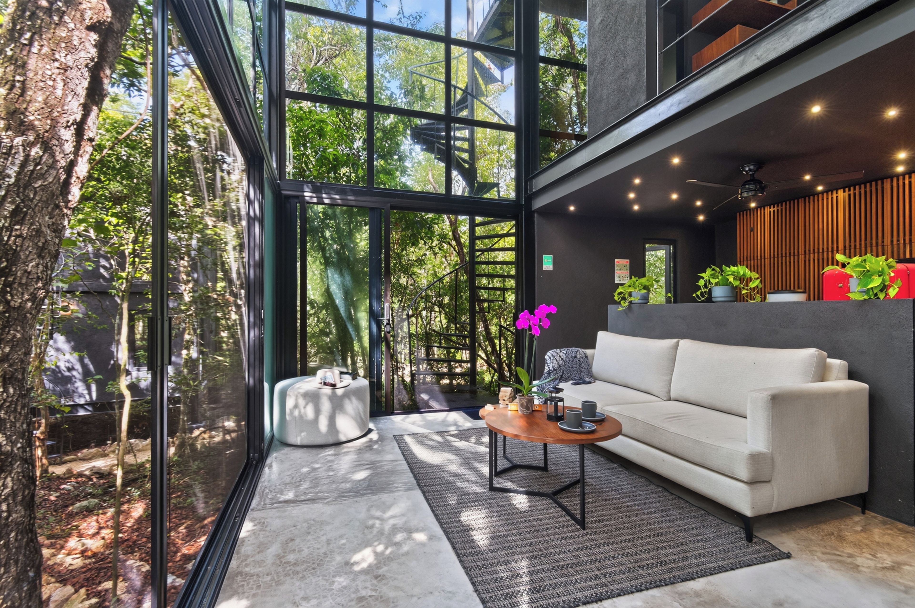 Ein modernes Interieur mit Glaswand, einem weißen Sofa, einem Couchtisch und einer Topfpflanze mit Orchideen.
