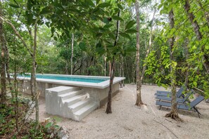 Una piscina infinita de hormigón rodeada de árboles, con escalones que bajan al agua.