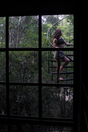 Una persona en una escalera de caracol dentro de un edificio, con vista a una densa vegetación.