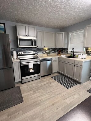 A modern kitchen with stainless steel appliances, grey cabinetry, and a black and white patterned rug. - River Living One Story 2bd/2ba - On the River - 2 Blks to Main St - VIEWS GALORE (Madison)