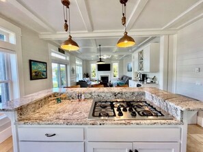 A kitchen with a granite countertop, stainless steel appliances, and pendant lighting. - The Waterline | lakefront, dock & hot tub, pets ok (Lincoln City)