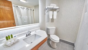 Un baño con lavamanos, espejo, inodoro y toallero.