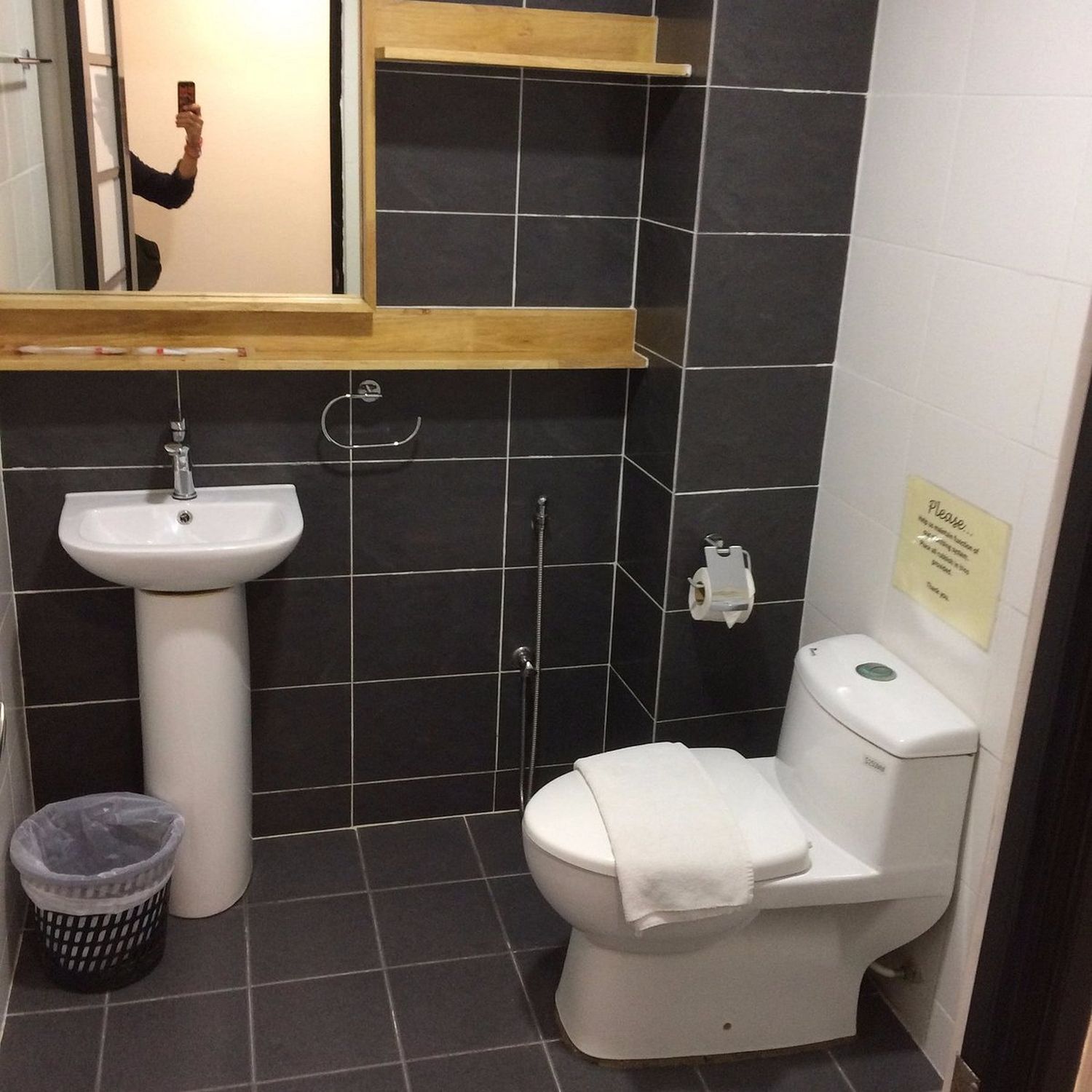 A bathroom with a white sink, a toilet, a trash bin, and a mirror.