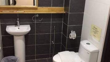 A bathroom with a white sink, a toilet, a trash bin, and a mirror.