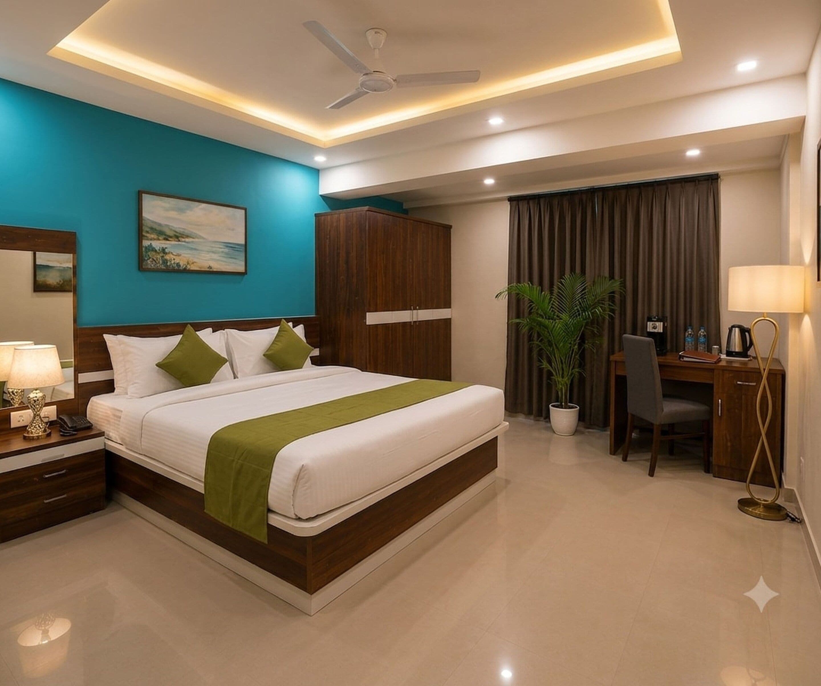 Ein modernes Hotelzimmer mit Bett, Schreibtisch, Stuhl und Deckenventilator.