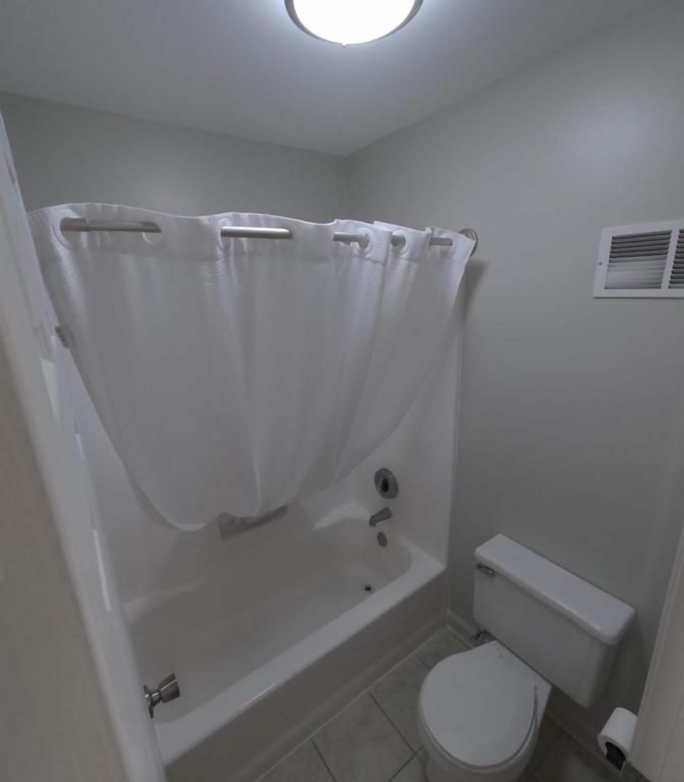 A bathroom with a bathtub, toilet, and a shower curtain.