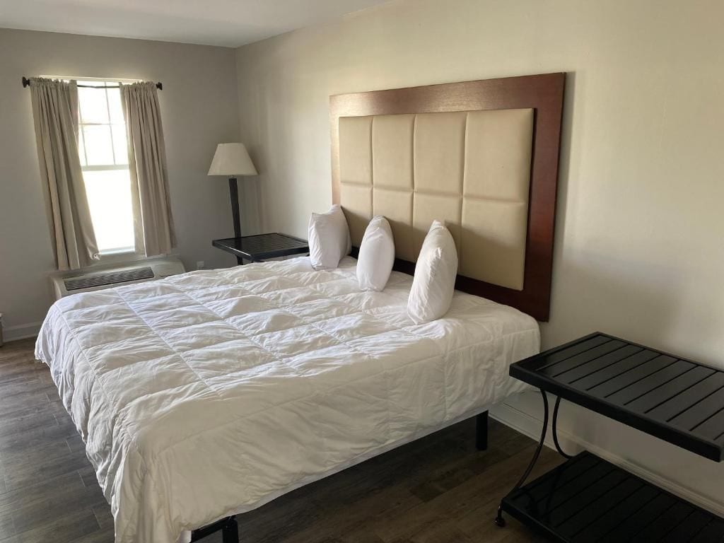 Une chambre d’hôtel avec un grand lit, une table de chevet, une lampe et une fenêtre avec des rideaux.