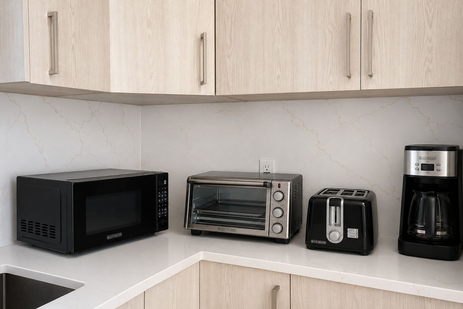 Eine Küche mit Mikrowelle, Backofen, Toaster und Kaffeemaschine auf der Arbeitsplatte.