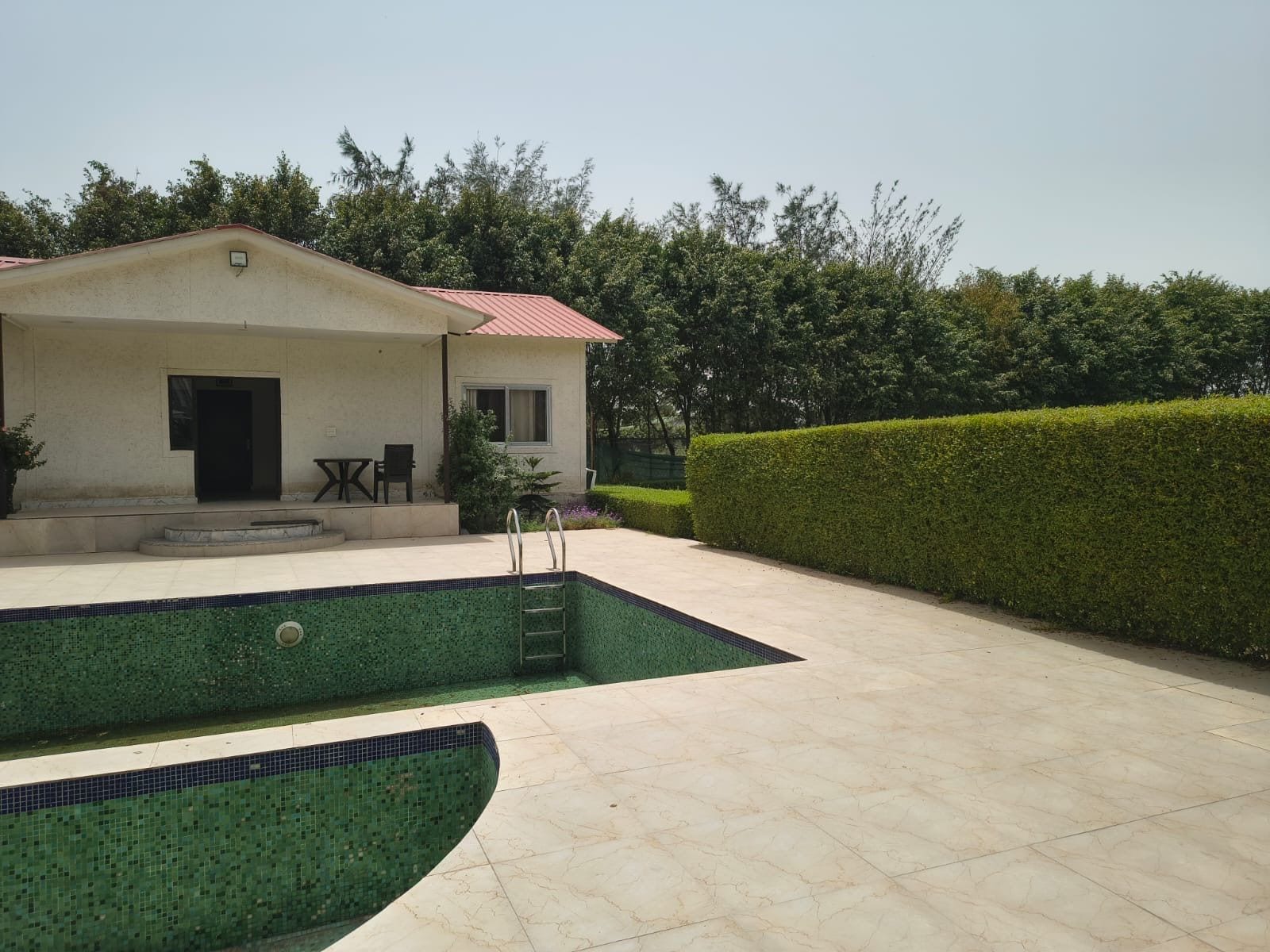 A house with a swimming pool, a covered patio, and a well-maintained hedge.