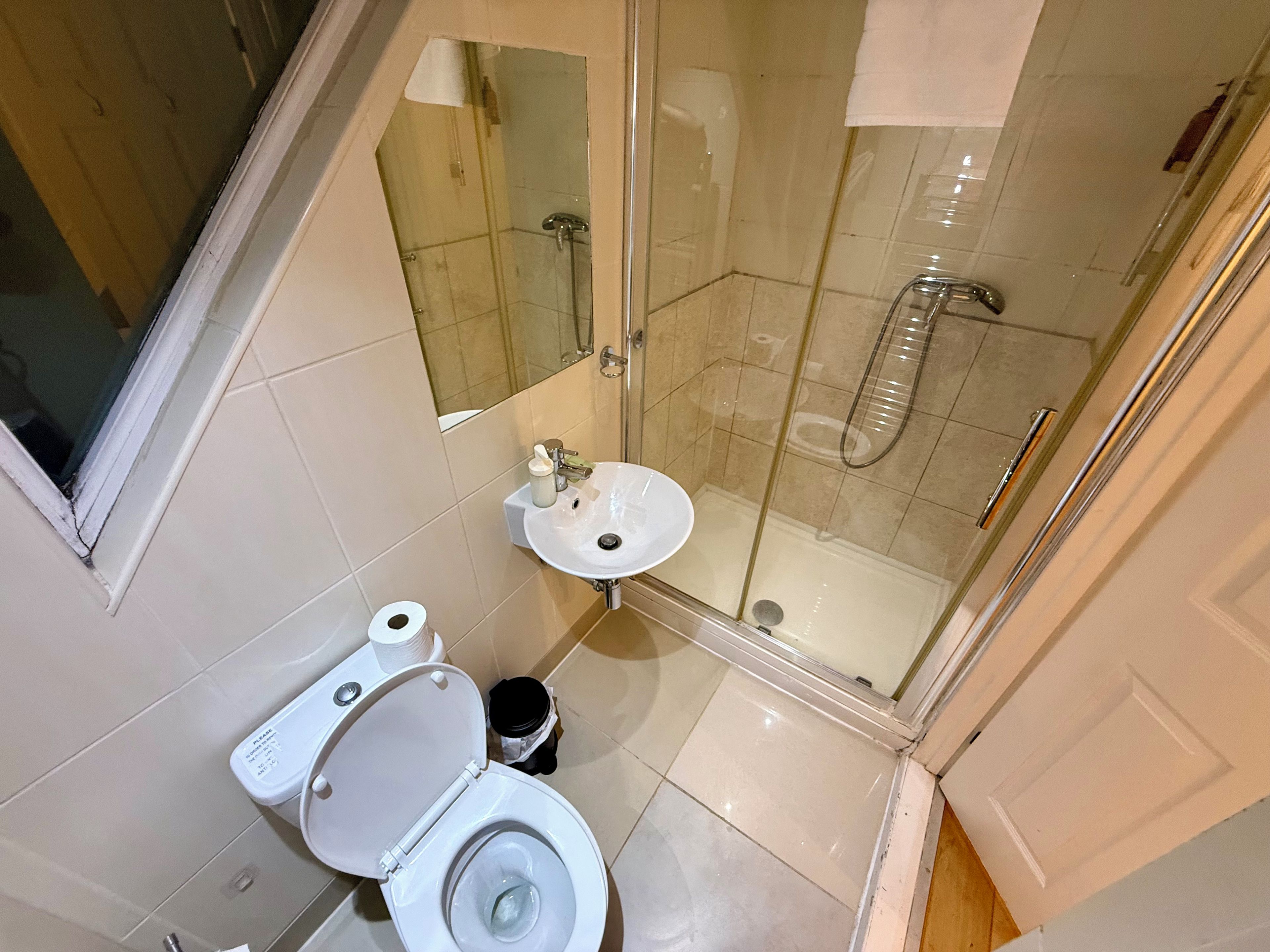 Un bagno con il water, un lavabo e una zona doccia.
