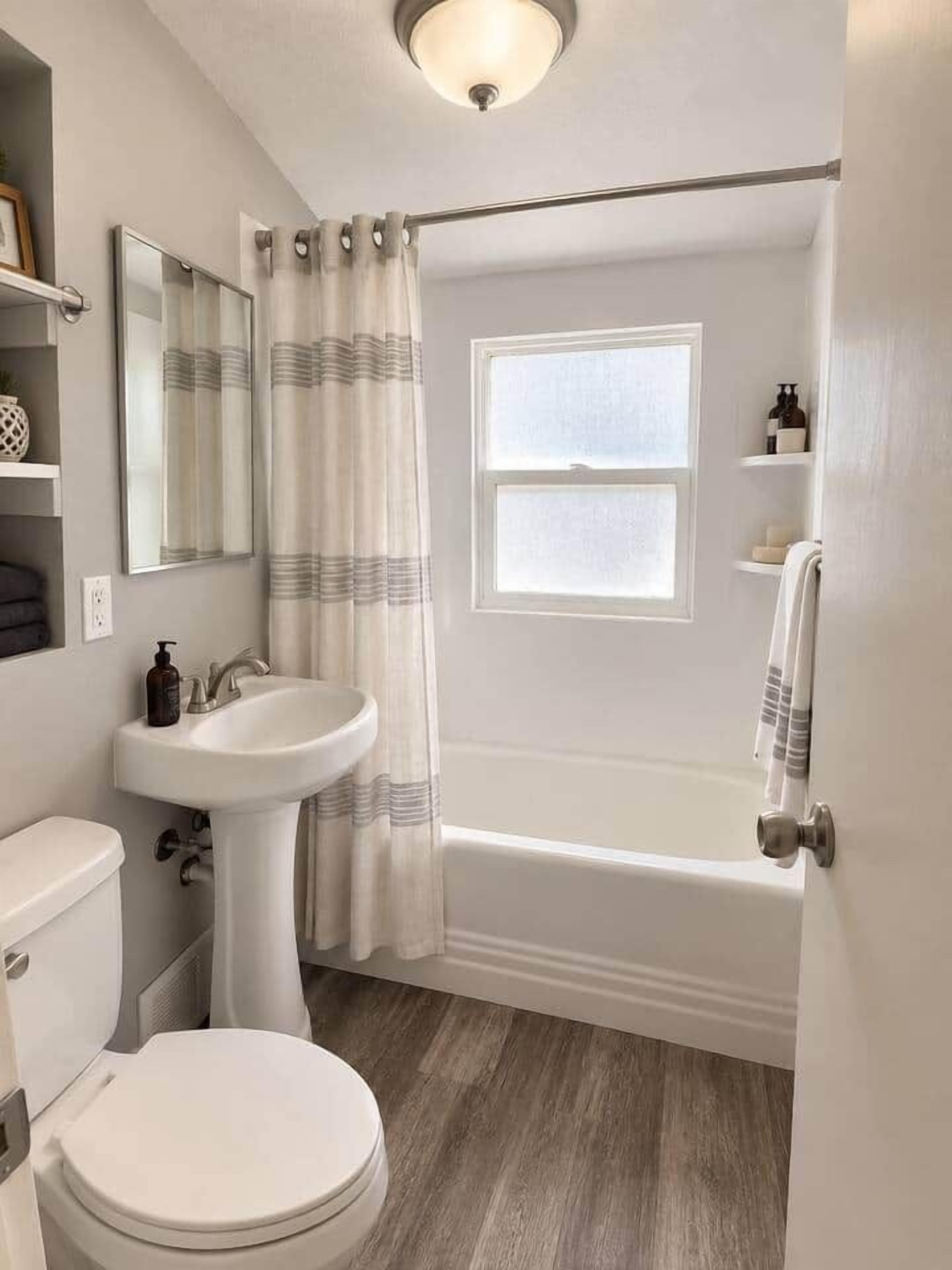 Ein Badezimmer mit einem weißen Waschbecken, einer Toilette und einer Badewanne. Über der Badewanne befindet sich ein Fenster und an der Wand ein Spiegel.