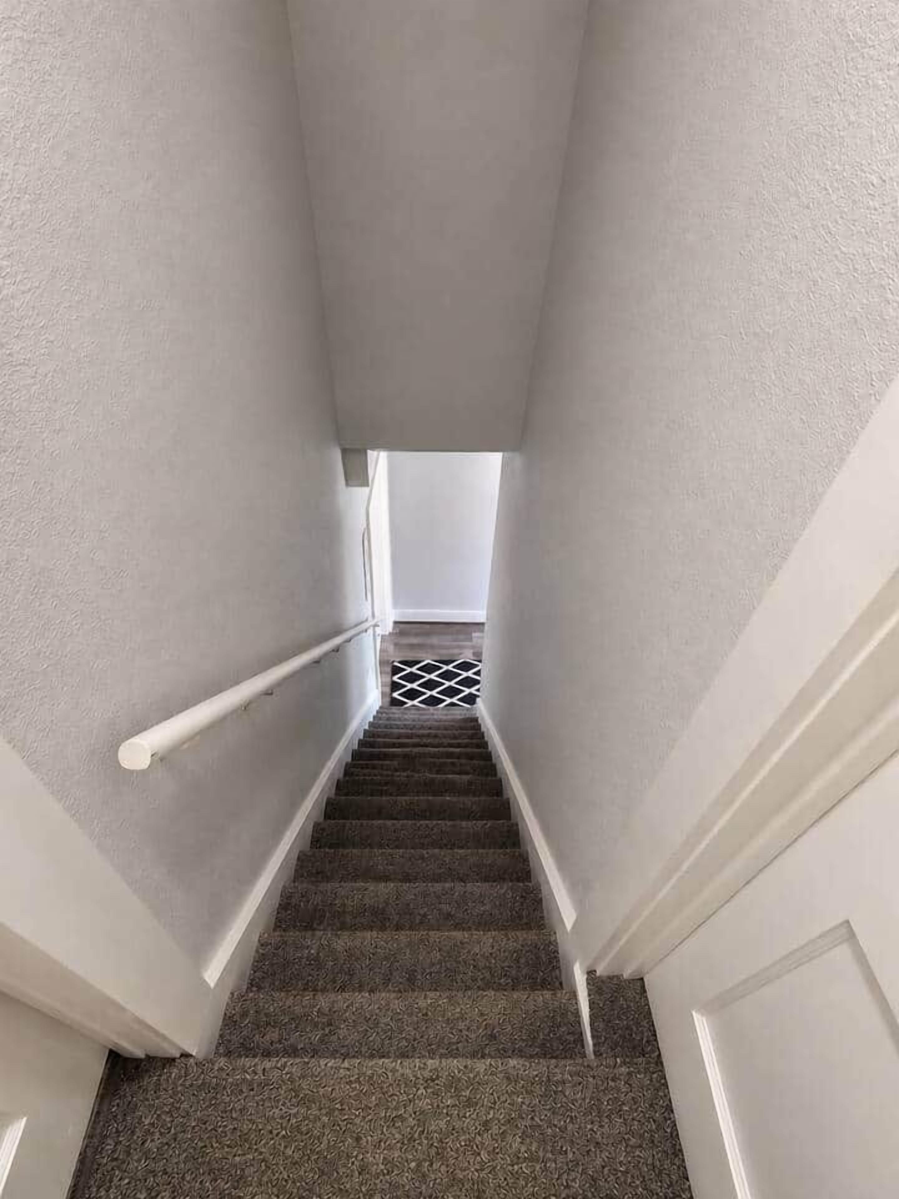 Un escalier étroit doté d’une rampe, de marches recouvertes de moquette et de murs blancs.