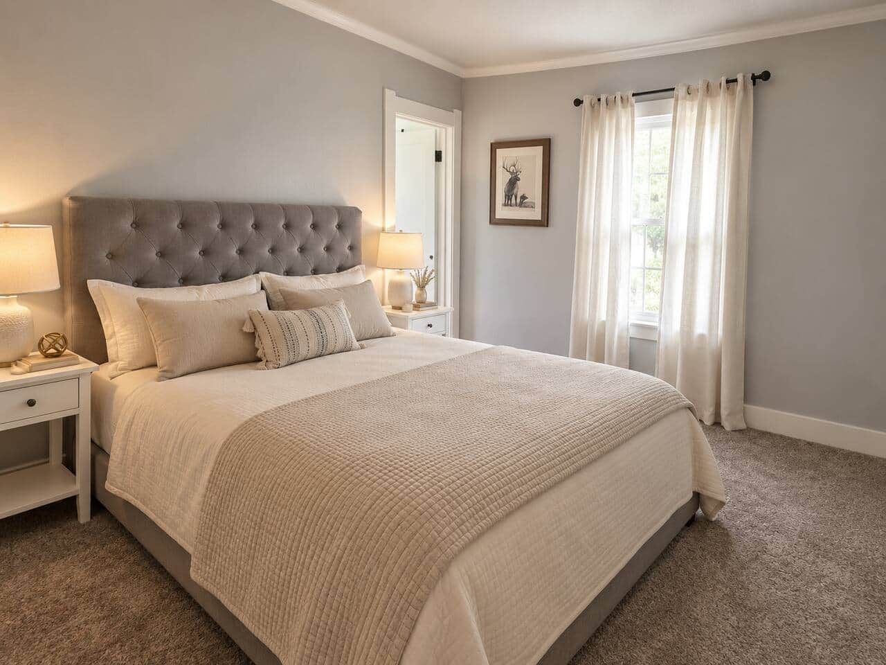 Ein Schlafzimmer mit einem großen Bett, einem Nachttisch, einer Lampe und einem gerahmten Bild an der Wand.
