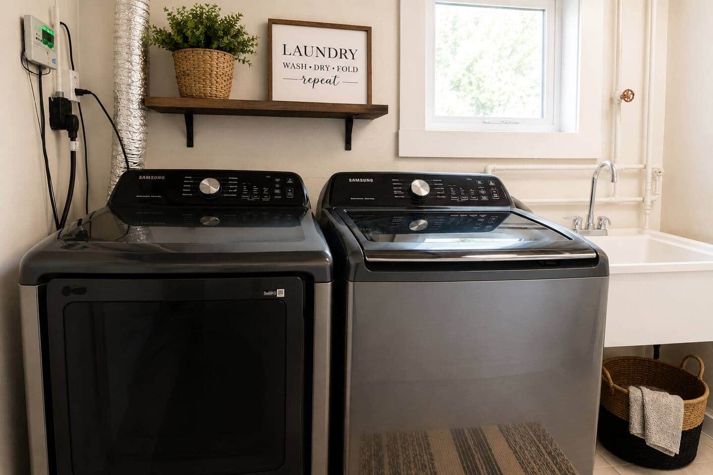 A laundry area with two front-loading washers and dryers, a shelf with a plant and a sign, and a window with a view of greenery.
