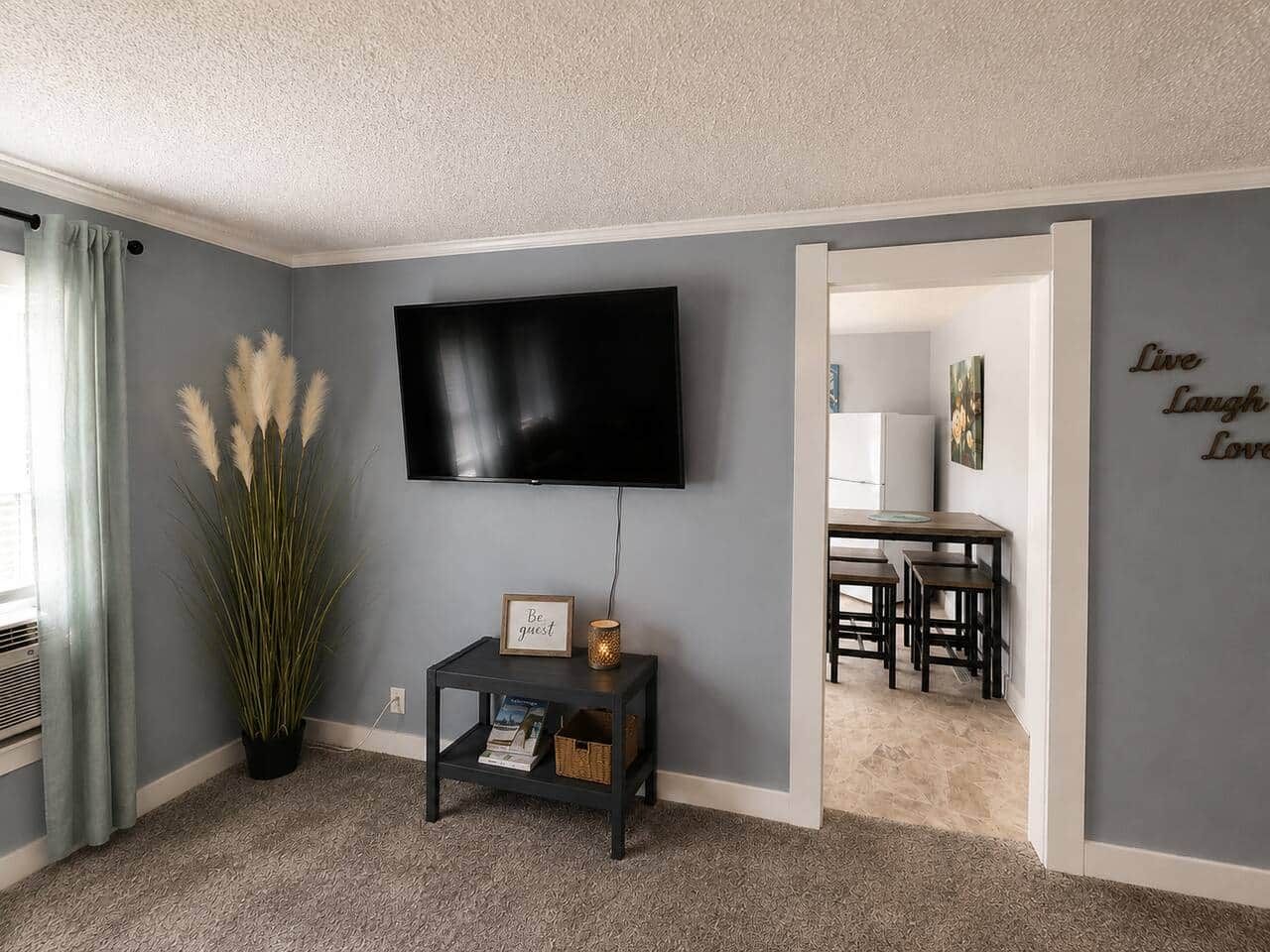 Un salon avec un téléviseur à écran plat fixé au mur, une petite table d’appoint sur laquelle se trouvent un cadre photo et une bougie, ainsi qu’une plante en pot.