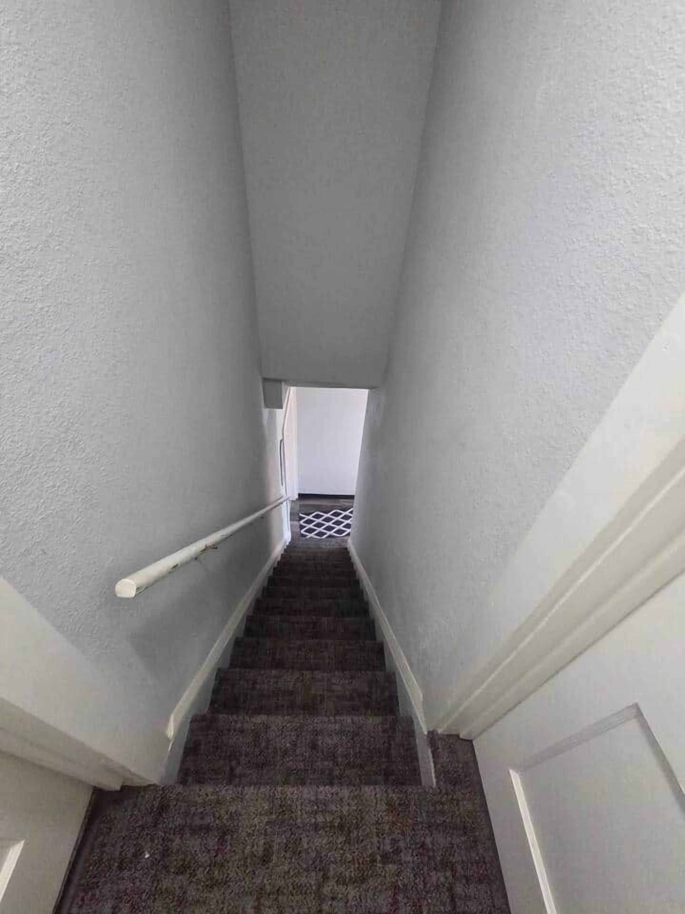 Una escalera estrecha con barandilla, escalones alfombrados y paredes blancas.
