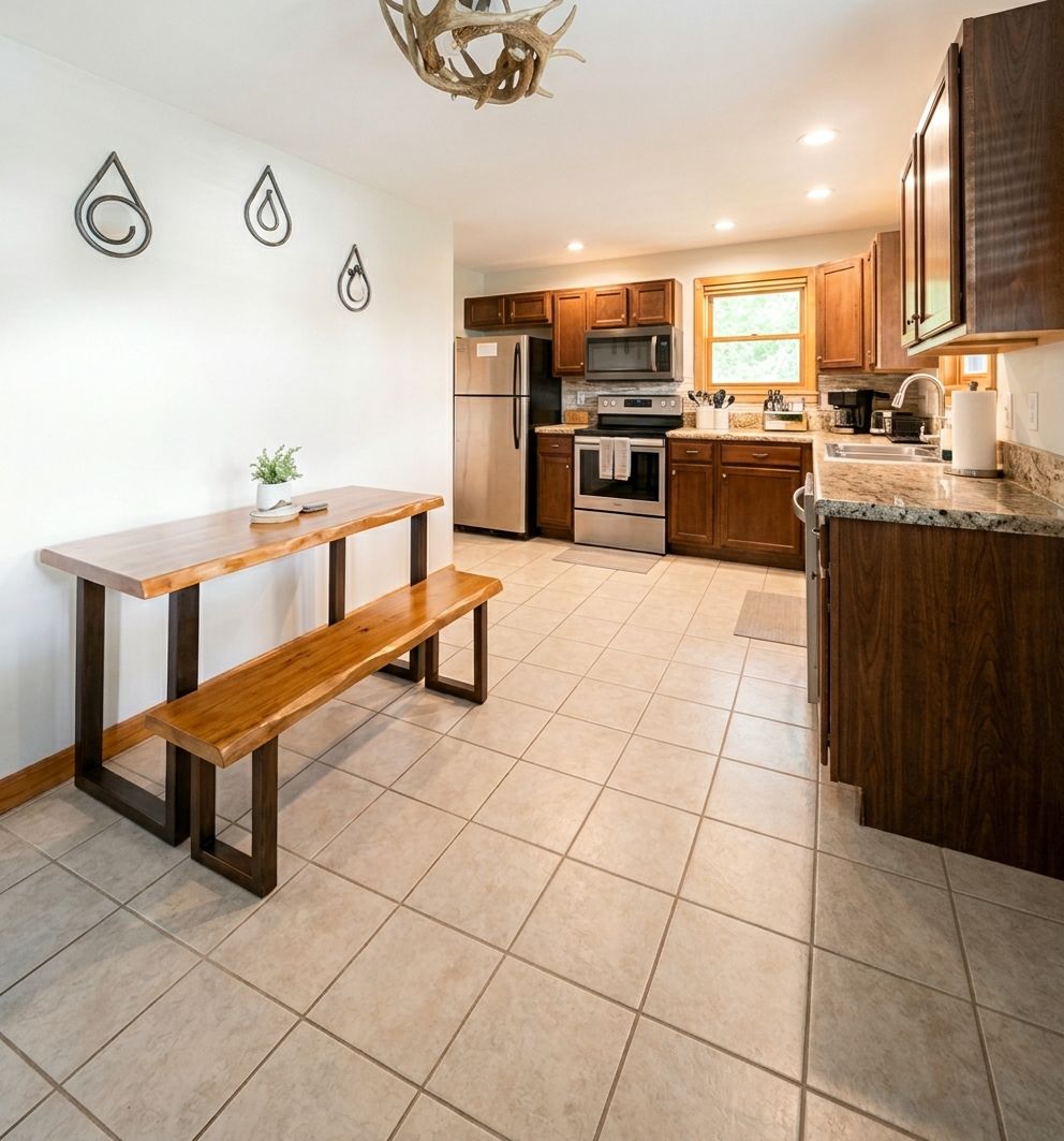 Una cocina con gabinetes de madera, refrigerador de acero inoxidable, horno empotrado y encimera de granito.