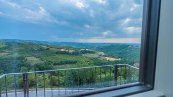 Una vista dalla finestra con ringhiera metallica, su un paesaggio con campi verdi e una strada.