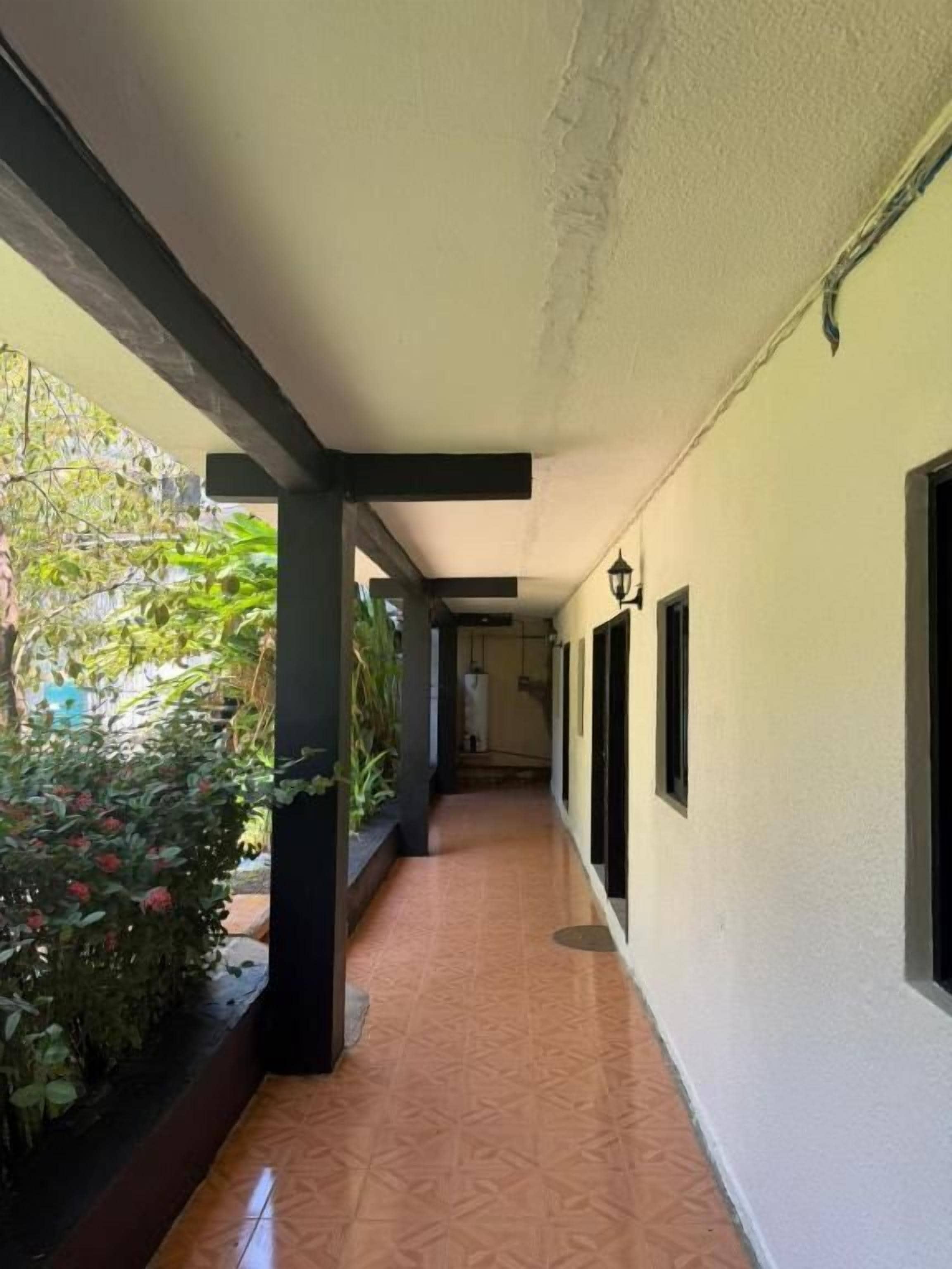 Un pasillo con suelo de baldosas, una zona cubierta con plantas y una pared con ventanas y una puerta.