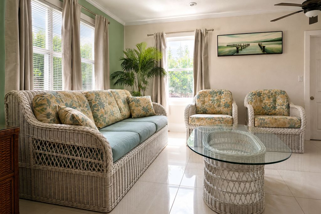 A room with a wicker sofa, two matching armchairs, a glass coffee table, and a painting on the wall.