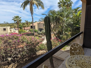 A balcony with a view of a garden, including cacti, palm trees, and flowering plants. - Walk to Beach - Pool Access - Walk to Restaurants - Laguna Vista (San José del Cabo)