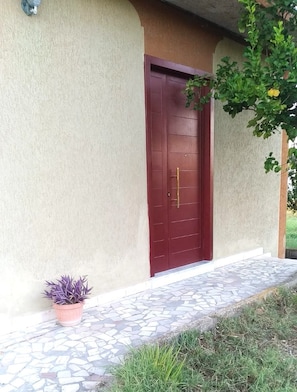 A building with a red door, a potted plant, and a tiled walkway. - Lemon Flowers (Melizzano)