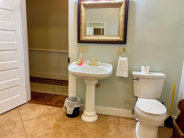 Une salle de bain avec un lavabo sur colonne, des toilettes et un miroir doté d’un cadre orné.
