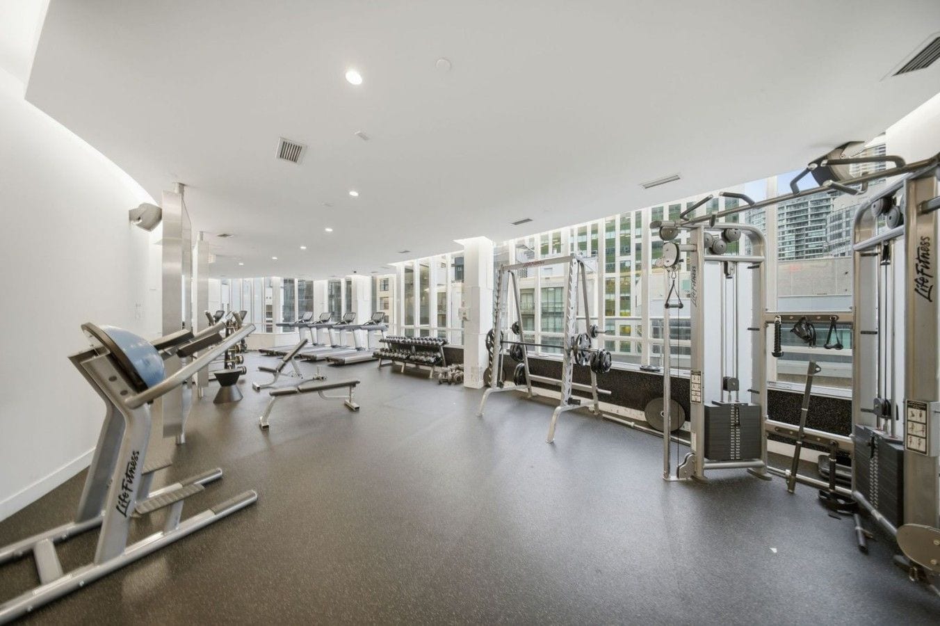 A gym with cardio machines, weightlifting equipment, and large windows.