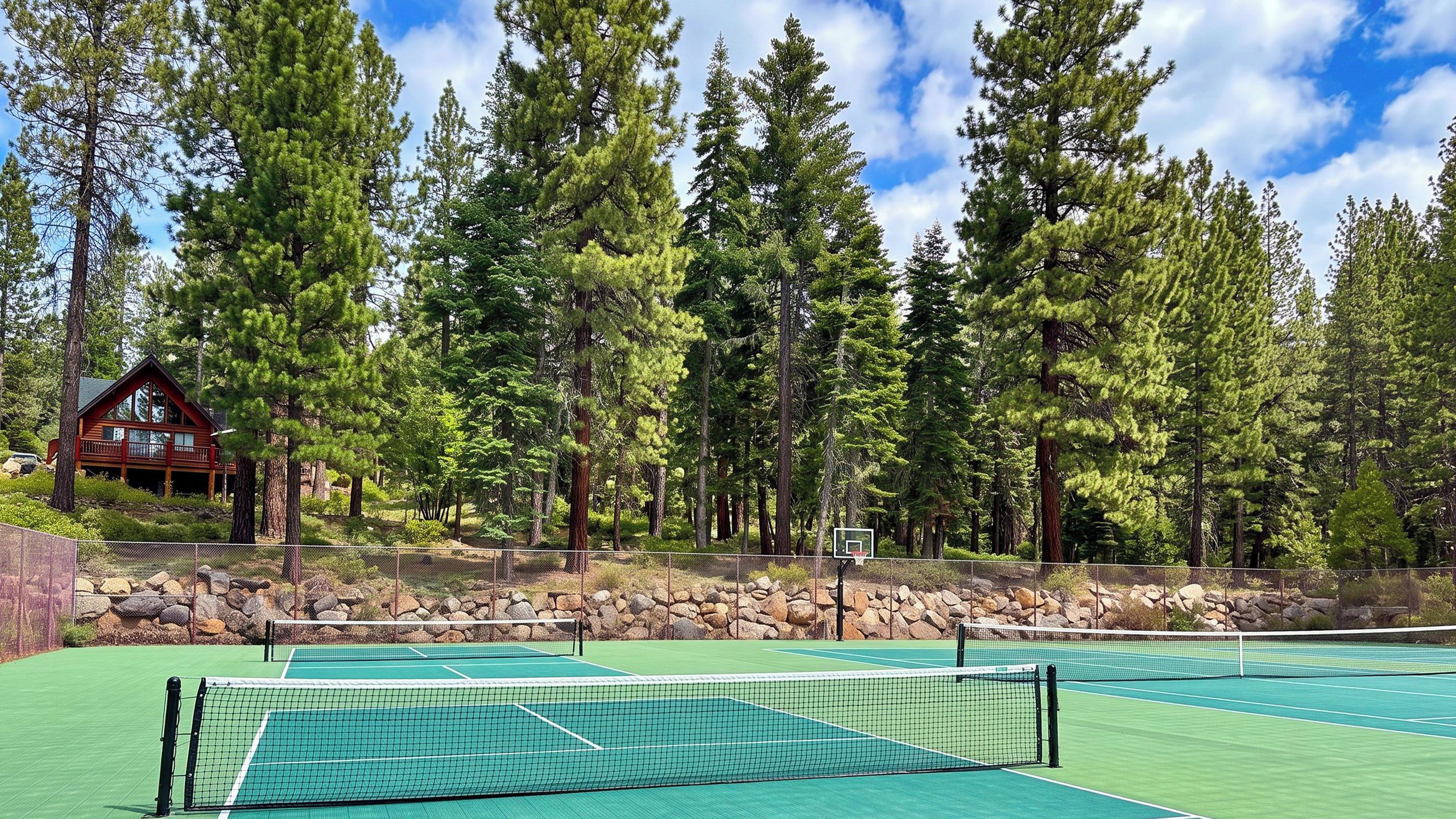 Un court de tennis avec un filet, entouré d’arbres et bordé d’un chalet.
