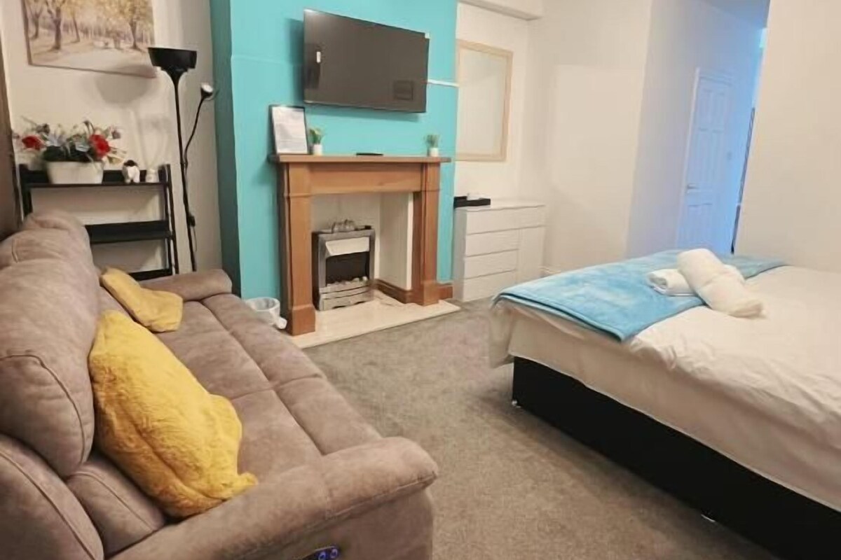A bedroom with a bed, a sofa, a television, and a fireplace.