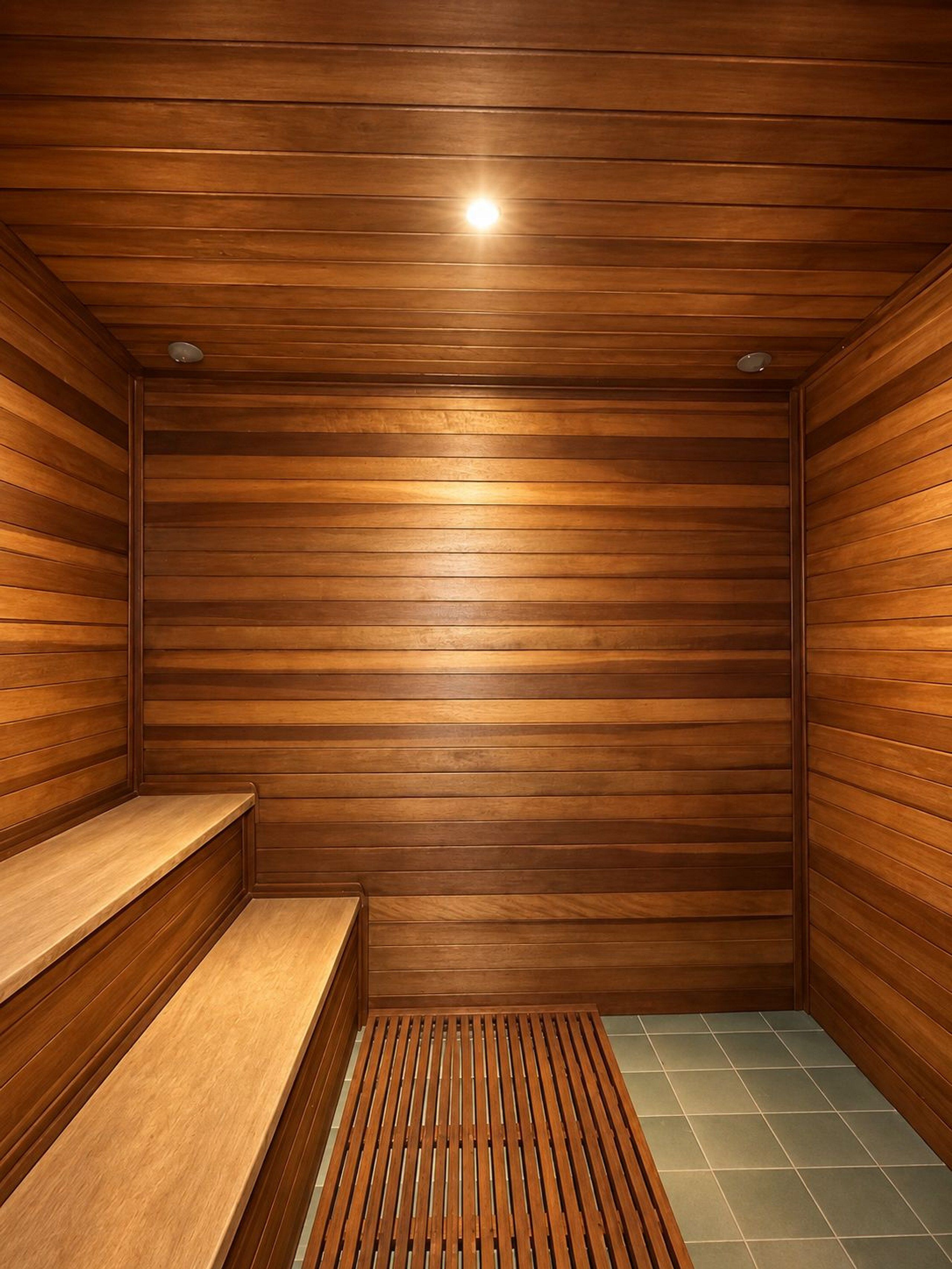A sauna room with wooden walls and benches.