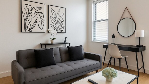 Ein modernes Wohnzimmer mit einem grauen Sofa, einem Couchtisch, einem Schreibtisch mit Stuhl, einem runden Spiegel und zwei gerahmten Kunstwerken mit Blattformen an der Wand.