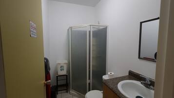 A bathroom with a toilet, a sink, a shower enclosure, and a mirror.