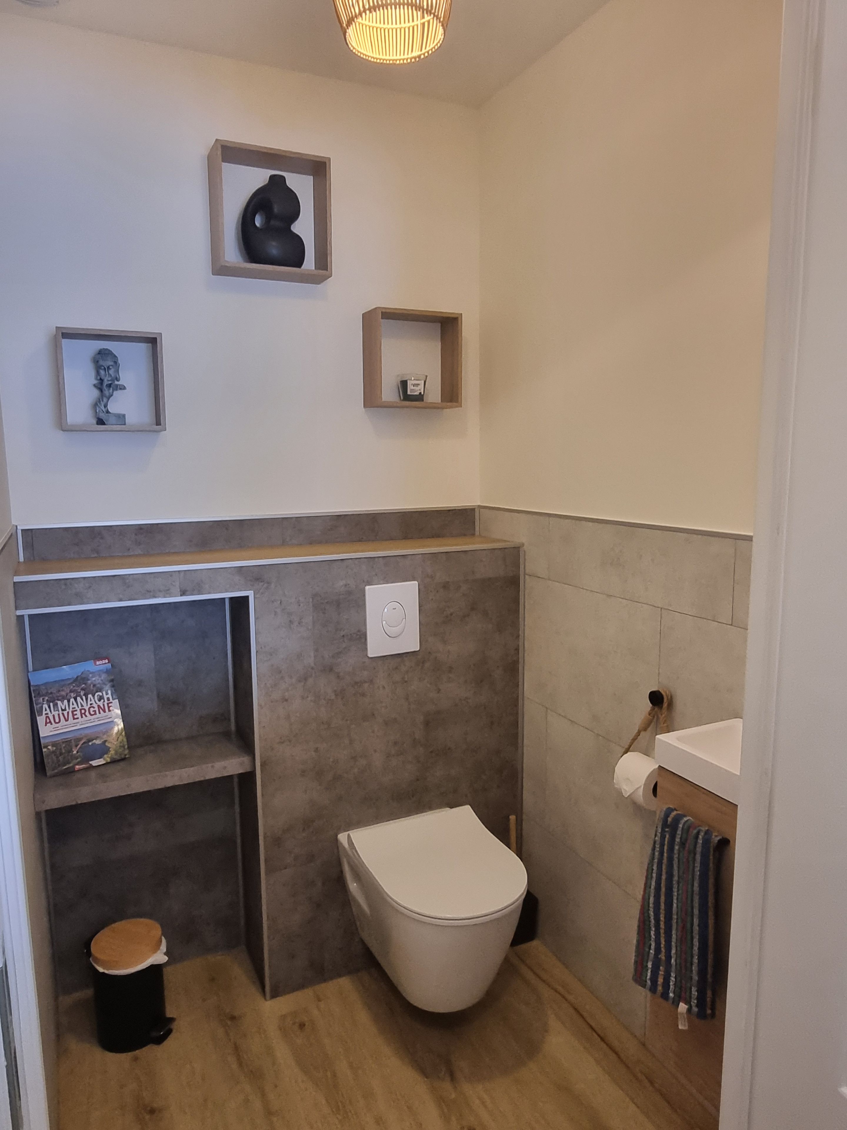 Ein modernes Badezimmer mit Toilette, Ablagefläche und Handtuchhalter.