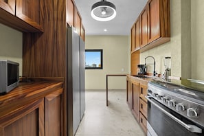 Une cuisine moderne avec des meubles en bois, un réfrigérateur en acier inoxydable, une cuisinière et une fenêtre donnant sur la ville.