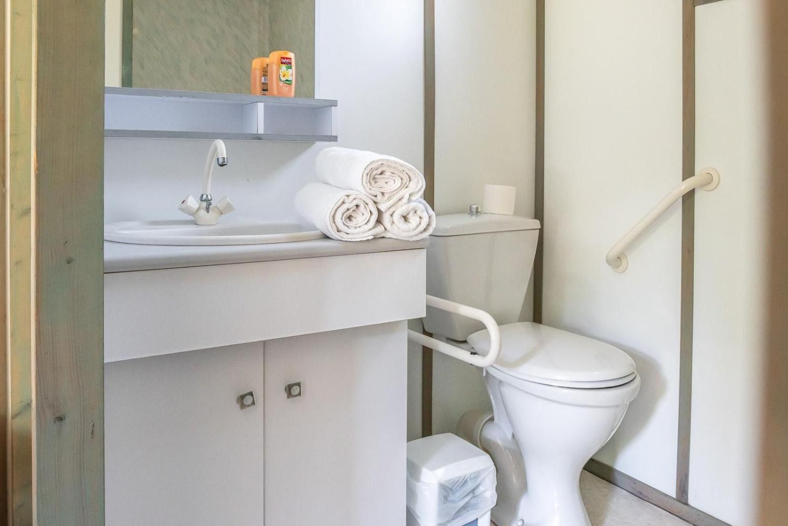 Une salle de bain avec un lavabo blanc, des toilettes et une barre d’appui.