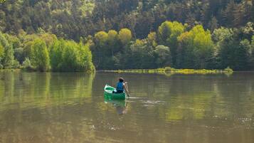 Eine Person in einem grünen Kajak auf einem ruhigen See, umgeben von dichtem Wald.
