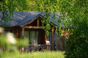 A wooden cabin with a porch, surrounded by greenery.