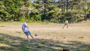 Un match de football en plein air, qui se déroule sur un terrain herbeux, avec des arbres en arrière-plan.