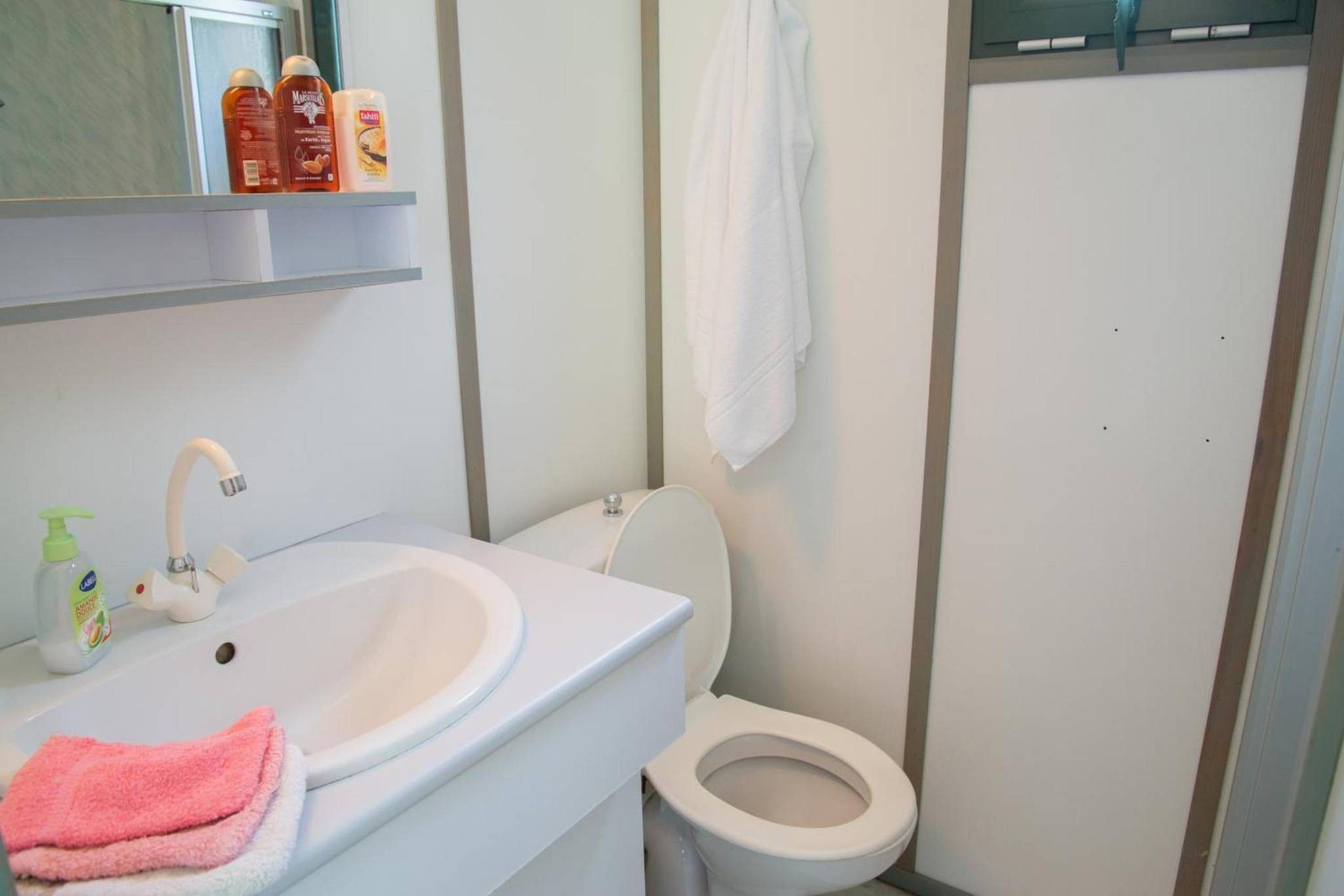 Une salle de bain avec un lavabo blanc, des toilettes et une cabine de douche.