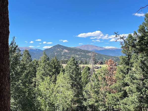 A mountainous landscape with dense forest and a clear sky.