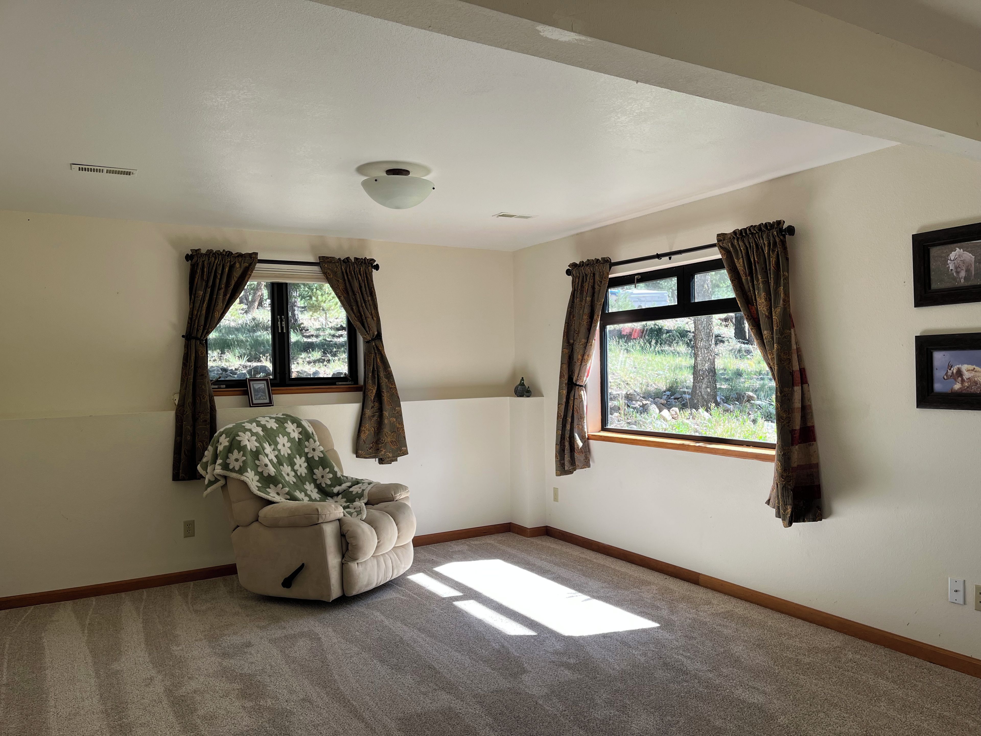 Una habitación con un sillón beige, dos ventanas con cortinas, una lámpara de techo y suelo alfombrado.