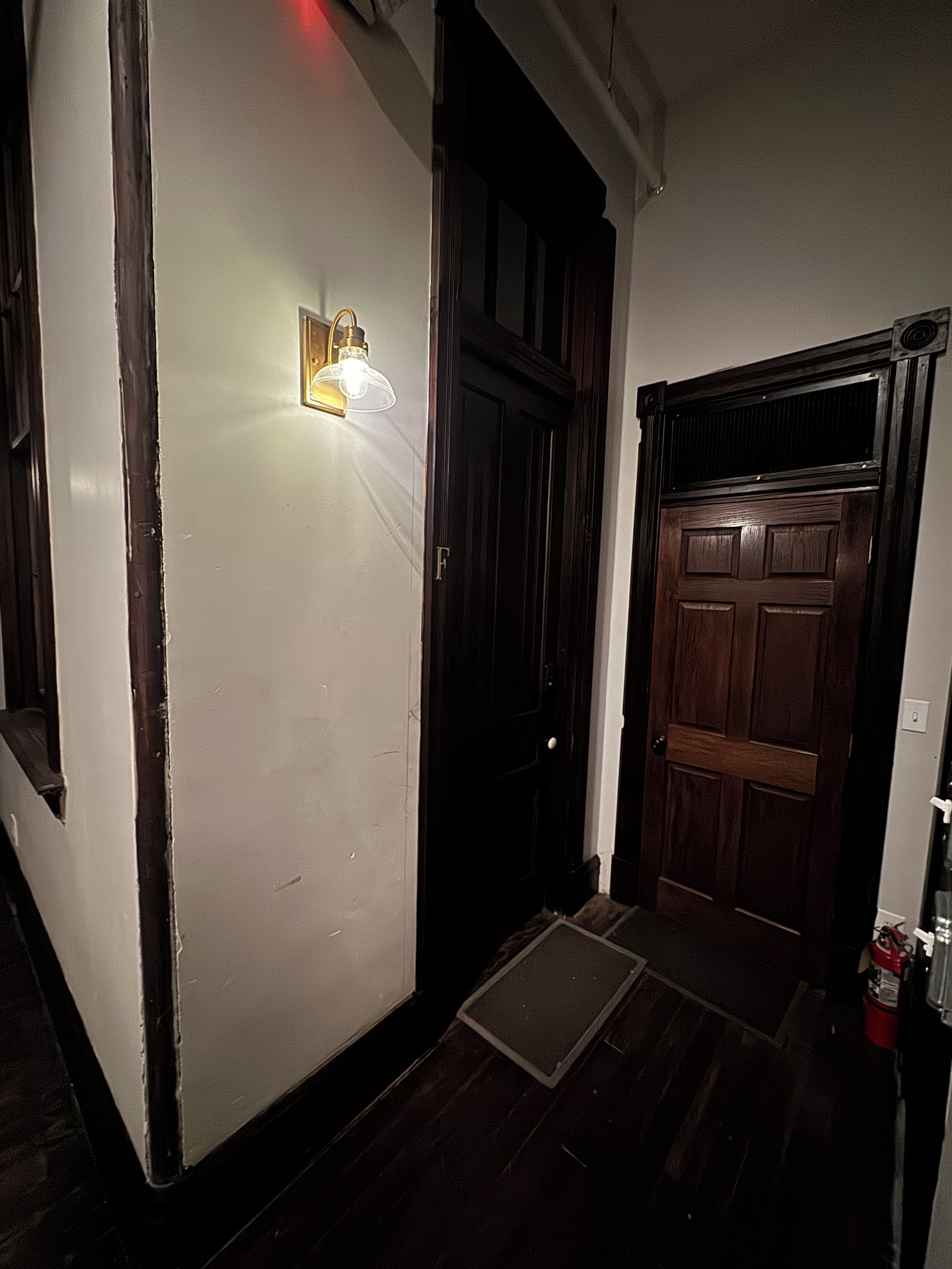 A hallway with a wooden door, a light fixture, and a doormat.