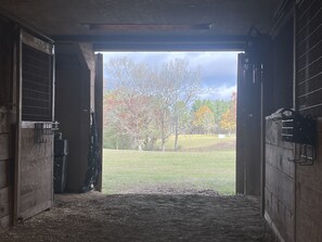 An open barn door leading to a grassy field with trees in the background.