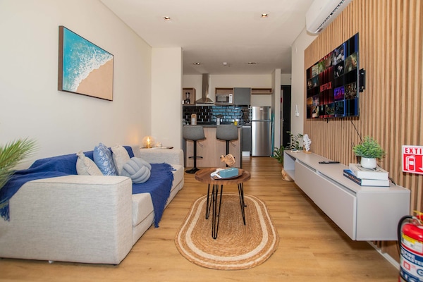Bright living room with smart TV